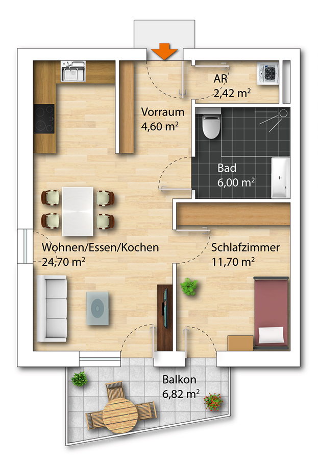Plan einer Wohnung im WohnPartner Betreutes Wohnen