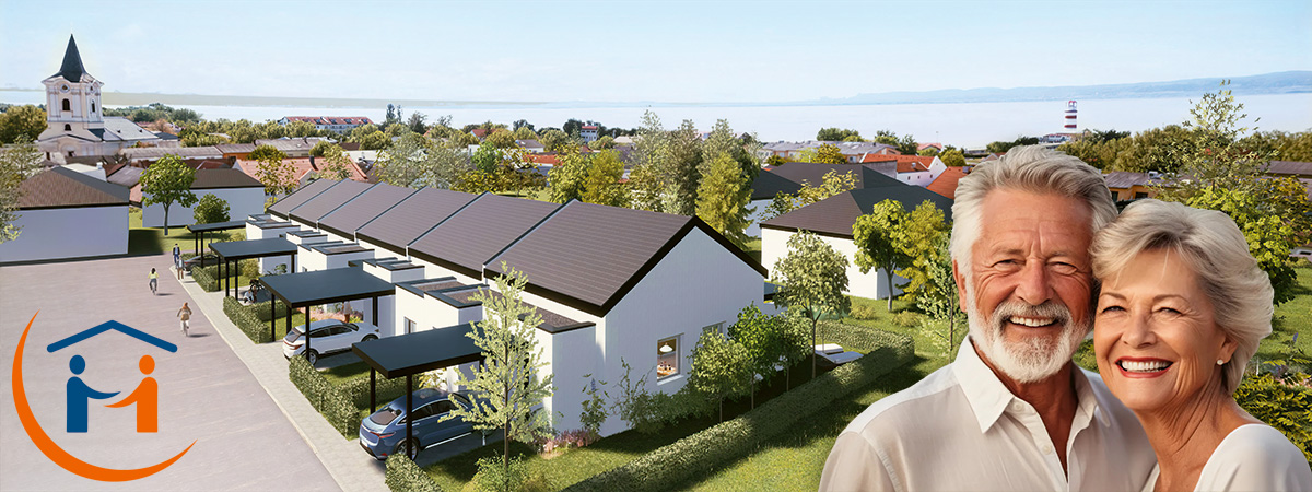 Glückliches Seniorenpaar vor der SeniorenBungalow-Anlage in Podersdorf am See